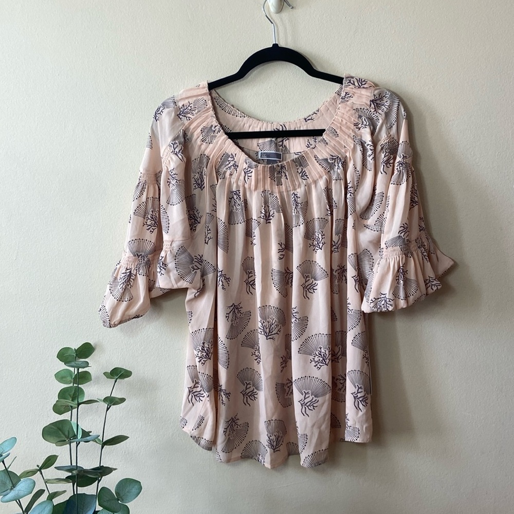 Chelsea28 Pink Coral Print Peasant Blouse Ruffle Sleeve Boho Top NWT Small - Picture 2 of 8